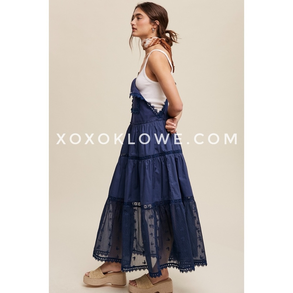 Listicle Navy Blue Lace + Embroidered Tiered Overall Dress | Trails End Skirtall - Picture 6 of 12